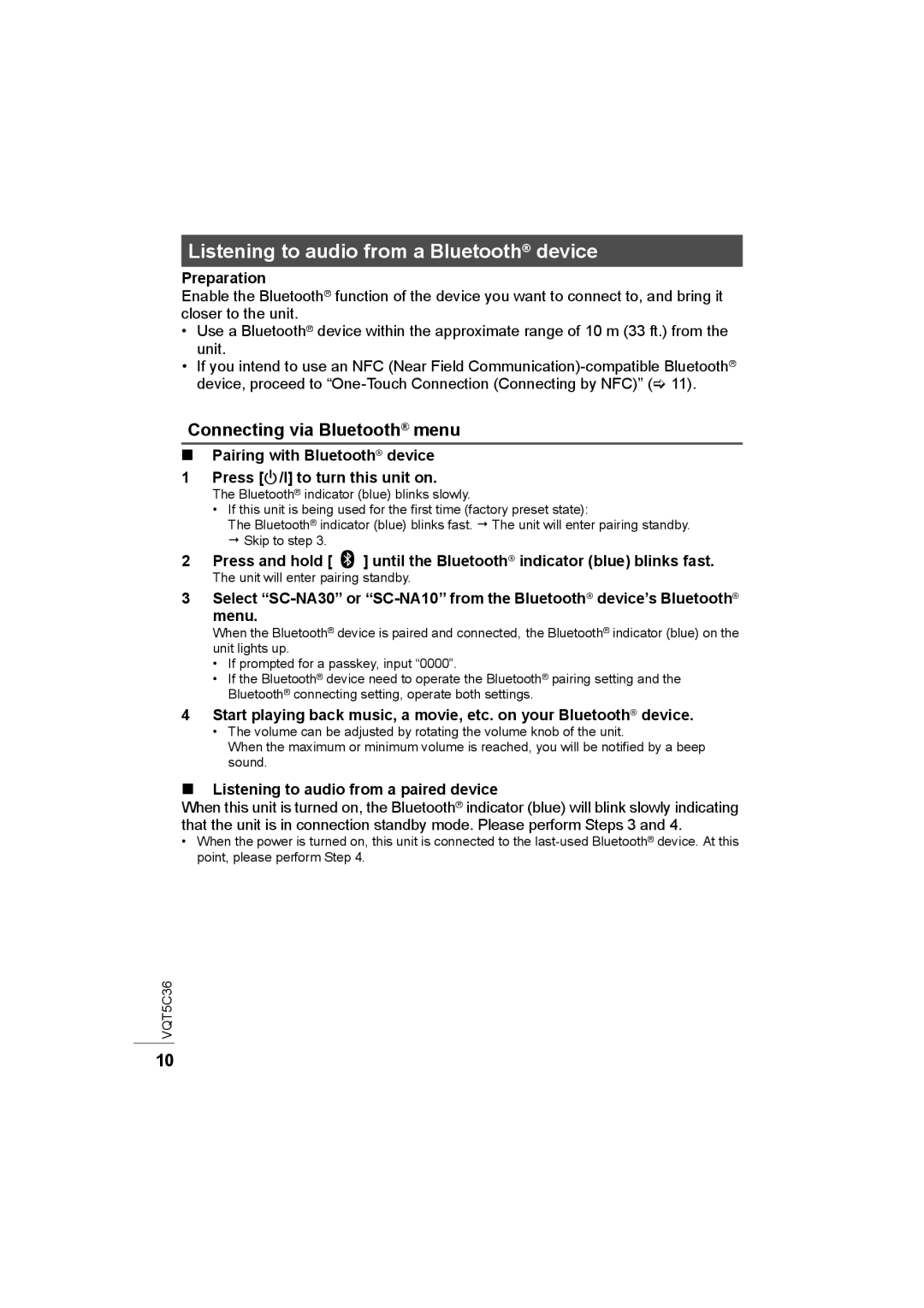 Panasonic SC-NA30 owner manual Listening to audio from a Bluetooth device, Connecting via Bluetooth menu 