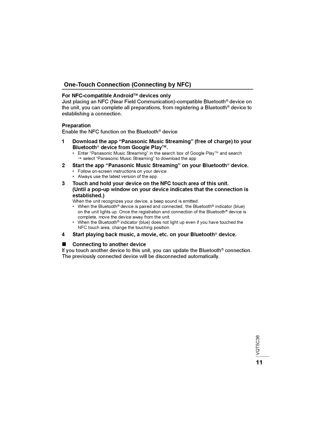 Panasonic SC-NA30 owner manual One-Touch Connection Connecting by NFC, For NFC-compatible AndroidTM devices only 