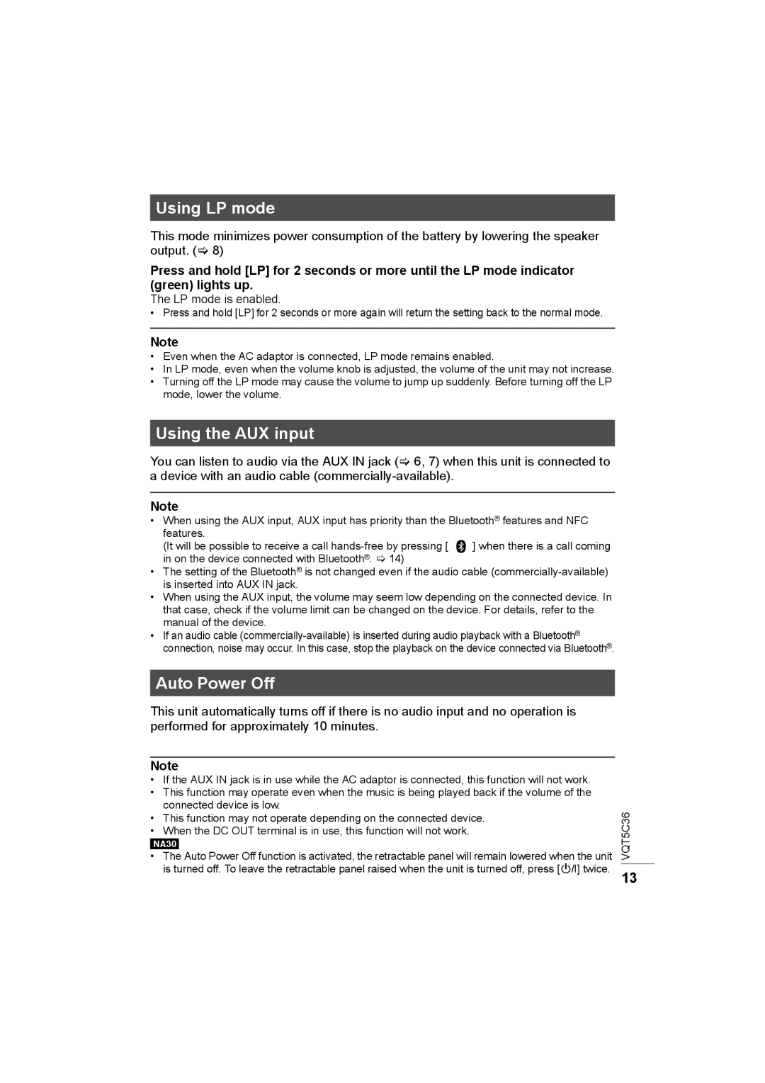 Panasonic SC-NA30 owner manual Using LP mode, Using the AUX input, Auto Power Off, LP mode is enabled 