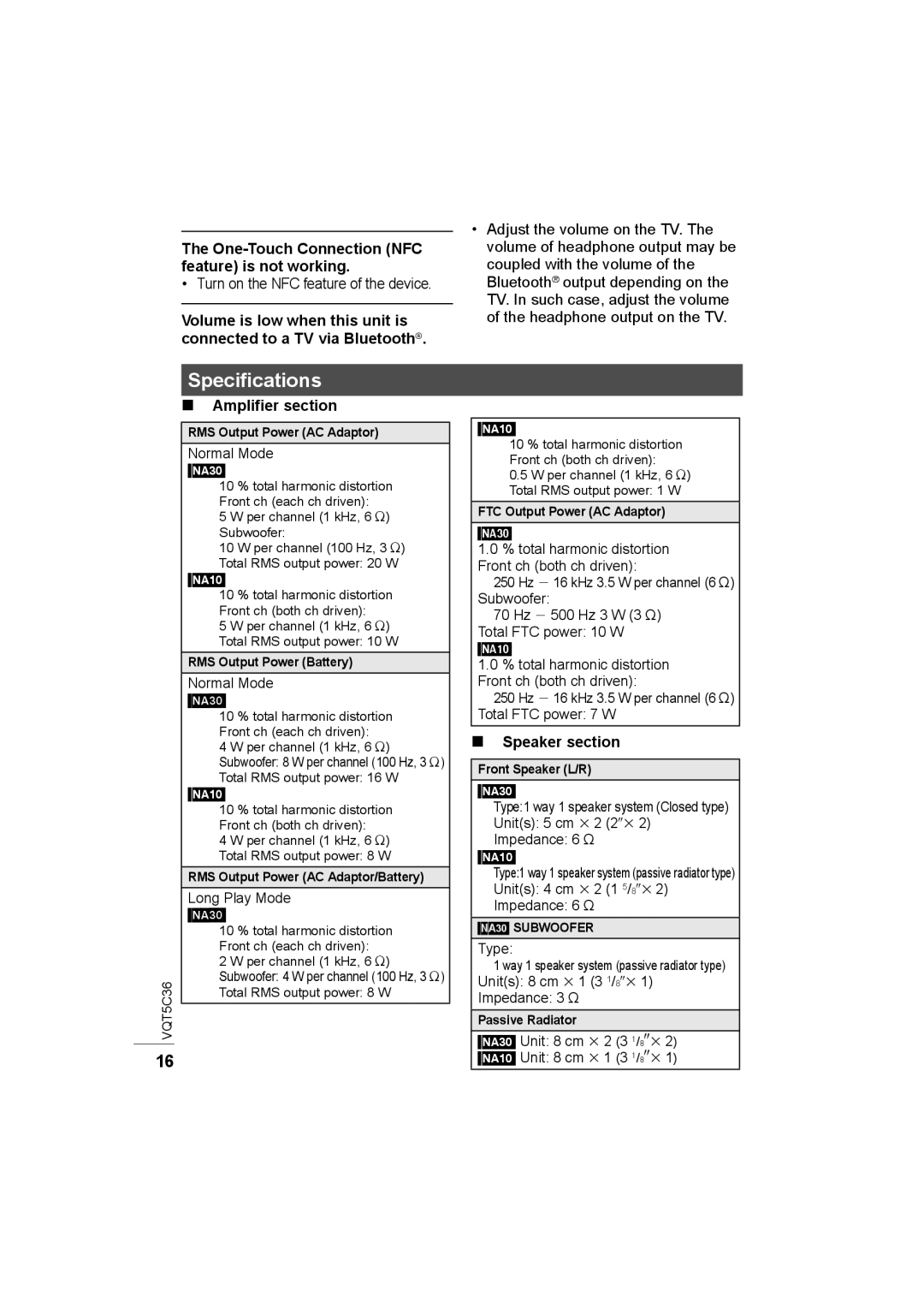 Panasonic SC-NA30 Specifications, One-Touch Connection NFC feature is not working, Amplifier section, Speaker section 