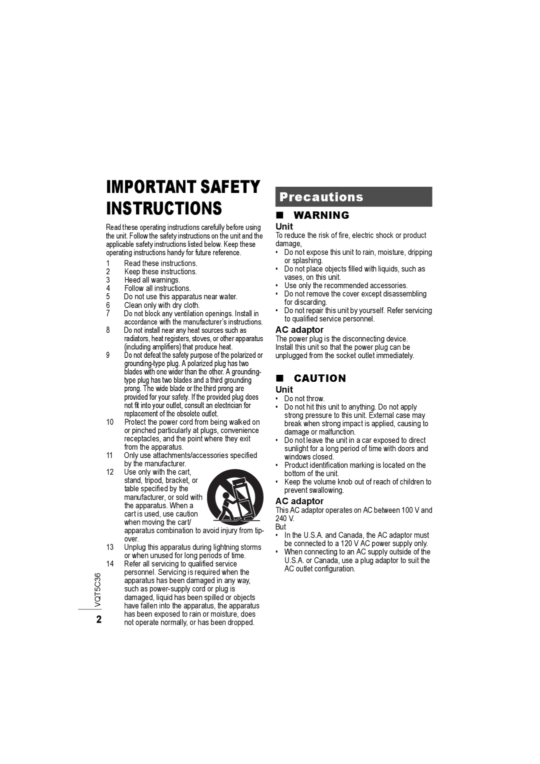 Panasonic SC-NA30 owner manual Precautions, Unit, This AC adaptor operates on AC between 100 V 240 But 