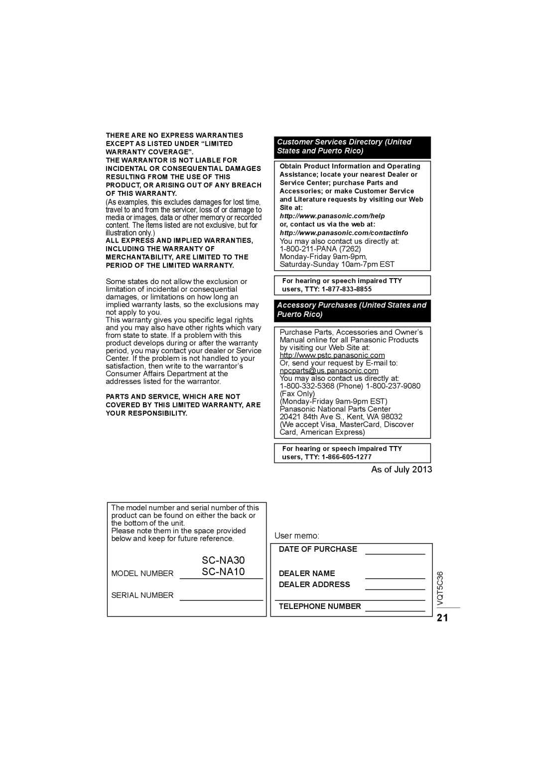 Panasonic SC-NA30 owner manual SC-NA10, As of July User memo 