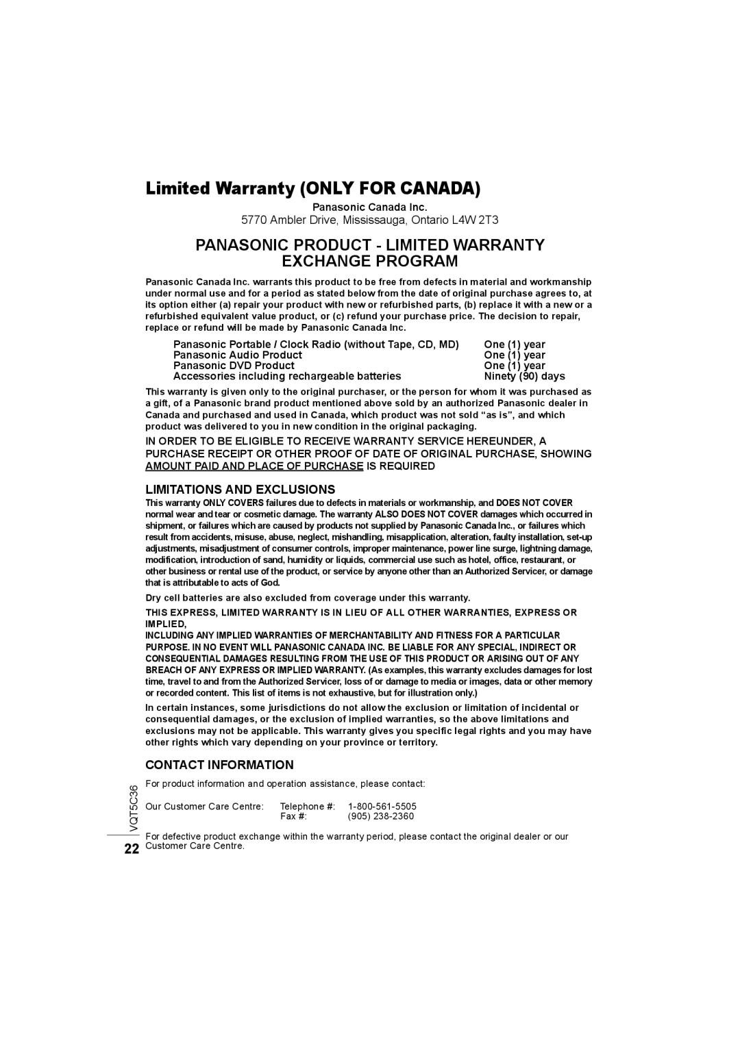 Panasonic SC-NA30 owner manual Ambler Drive, Mississauga, Ontario L4W 2T3, Limitations and Exclusions, Contact Information 