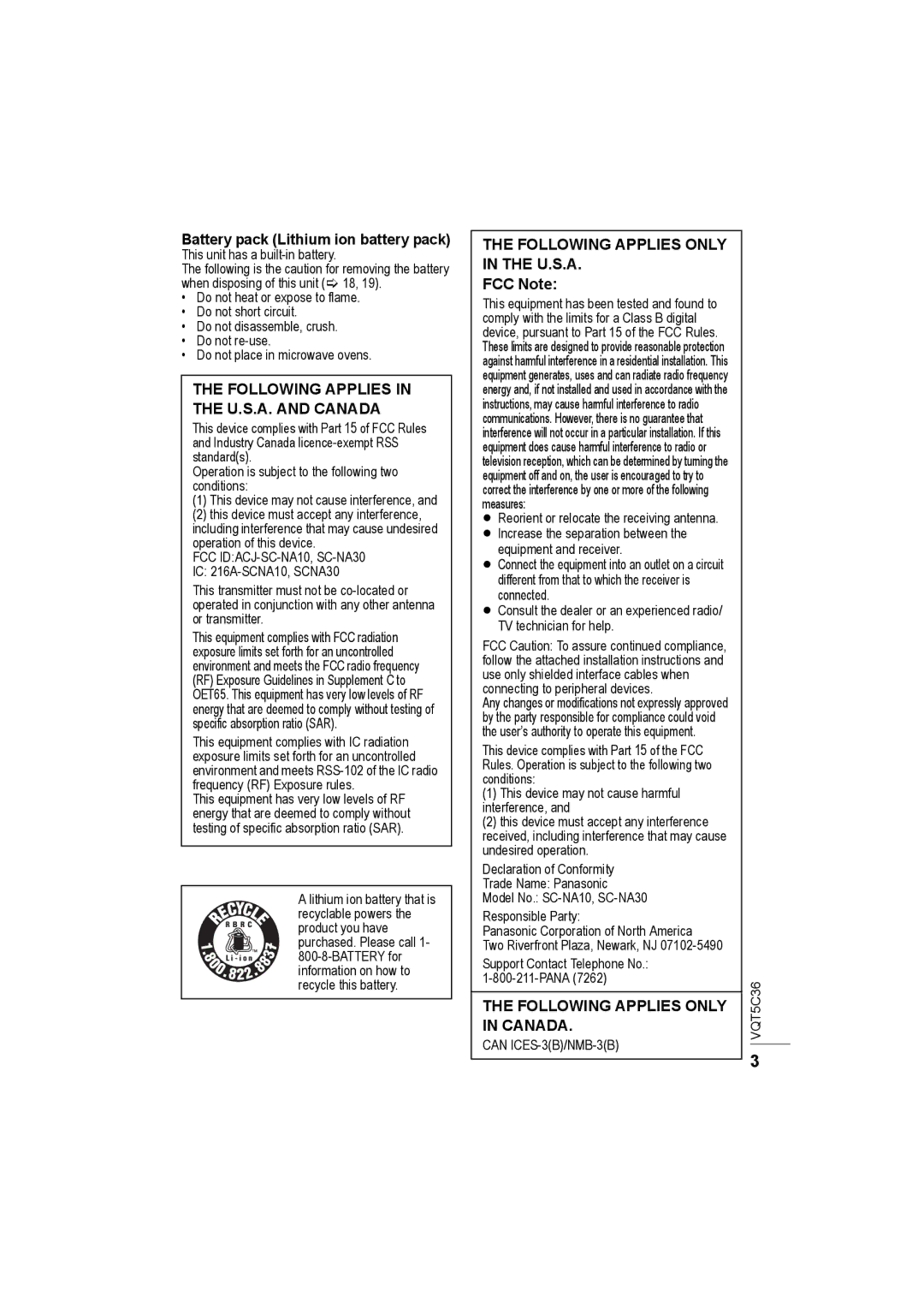 Panasonic SC-NA30 owner manual Battery pack Lithium ion battery pack, Following Applies in the U.S.A. and Canada, FCC Note 