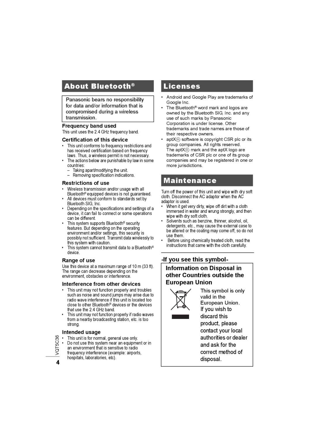 Panasonic SC-NA30 owner manual About Bluetooth, Licenses, Maintenance, If you see this symbol 