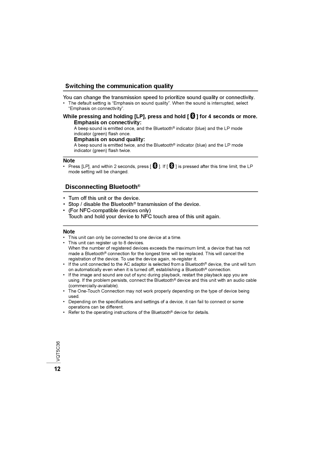 Panasonic SC-NA30 owner manual Switching the communication quality, Disconnecting Bluetooth, Emphasis on sound quality 