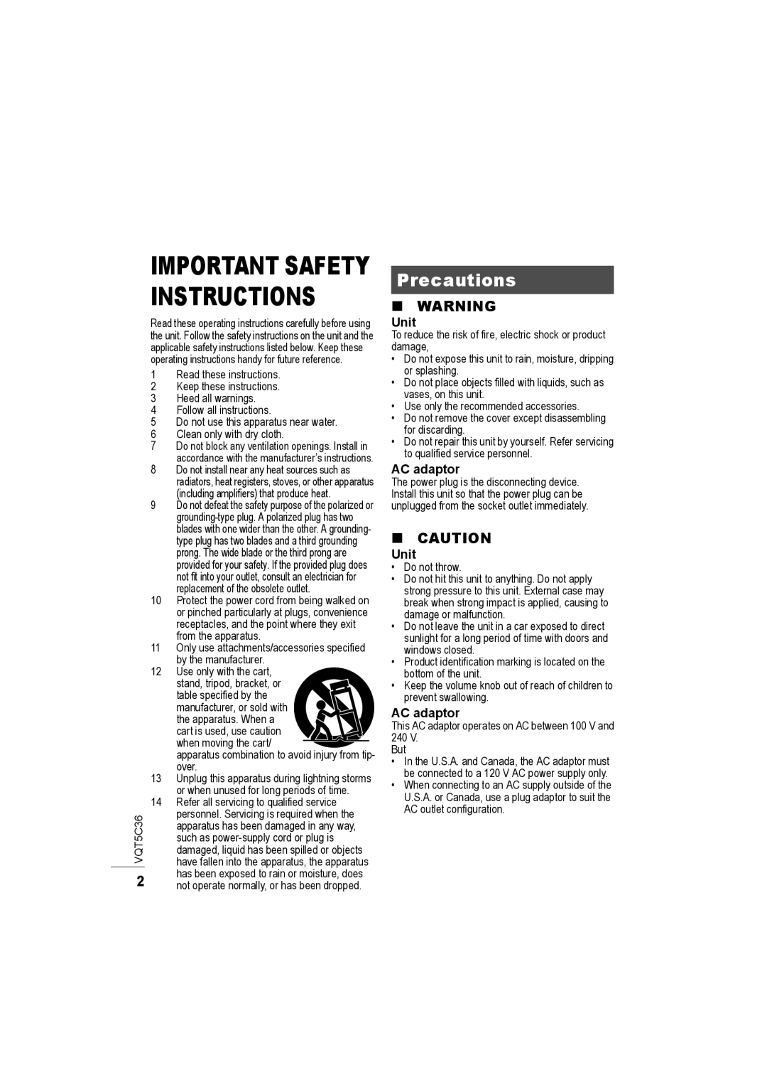 Panasonic SC-NA30 owner manual Precautions, Important Safety Instructions, Unit, AC adaptor 