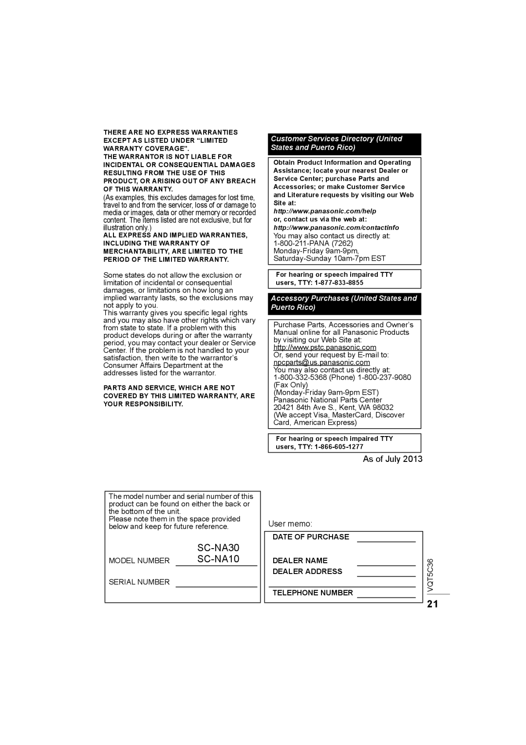 Panasonic SC-NA30 owner manual SC-NA10, As of July User memo, Customer Services Directory United, States and Puerto Rico 