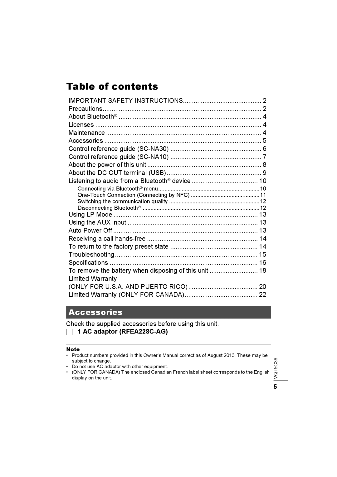 Panasonic SC-NA30 owner manual Accessories, ∏1 AC adaptor RFEA228C-AG, Table of contents 