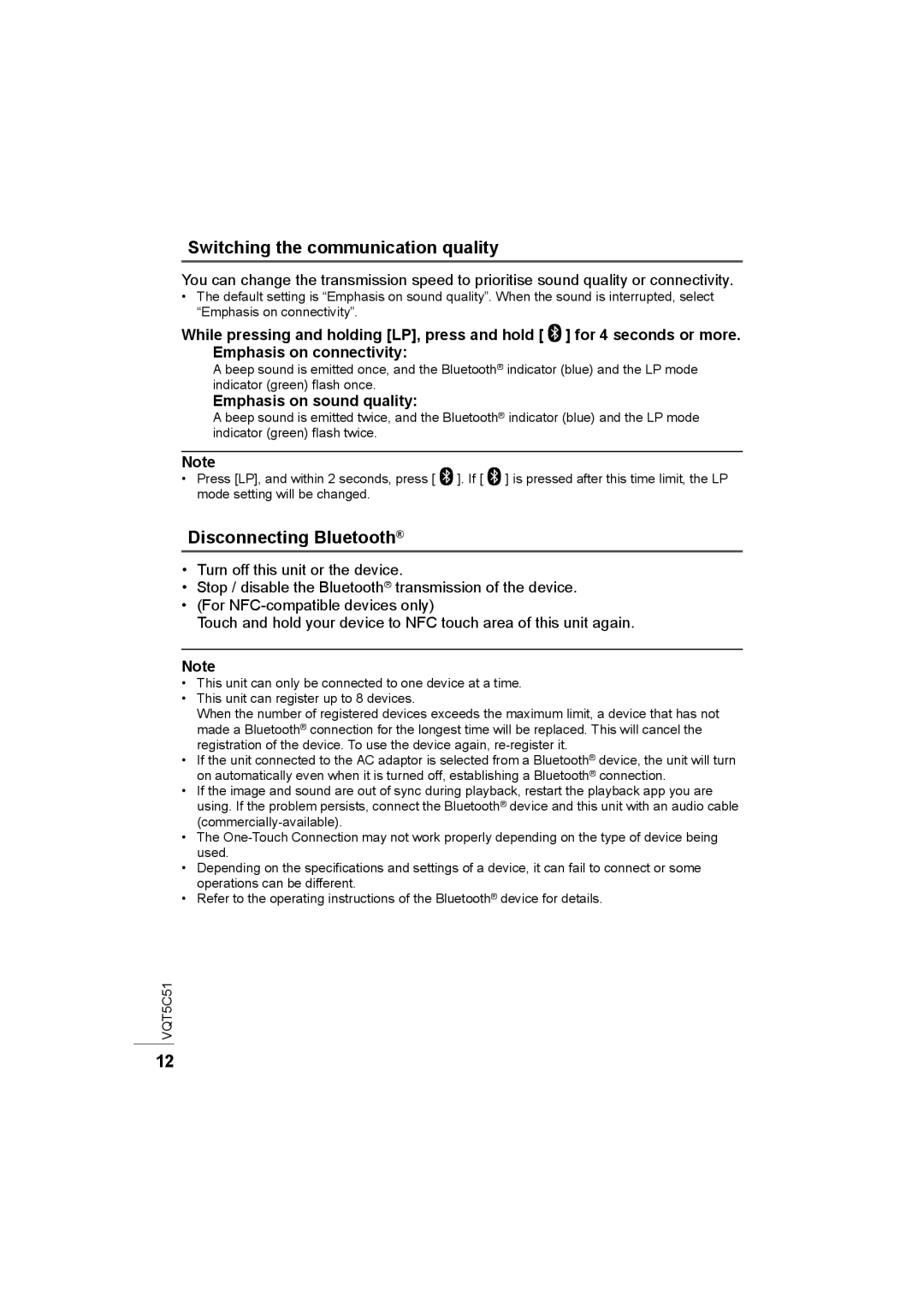 Panasonic SC-NA30/SC-NA10 manual Switching the communication quality, Disconnecting Bluetooth, Emphasis on sound quality 