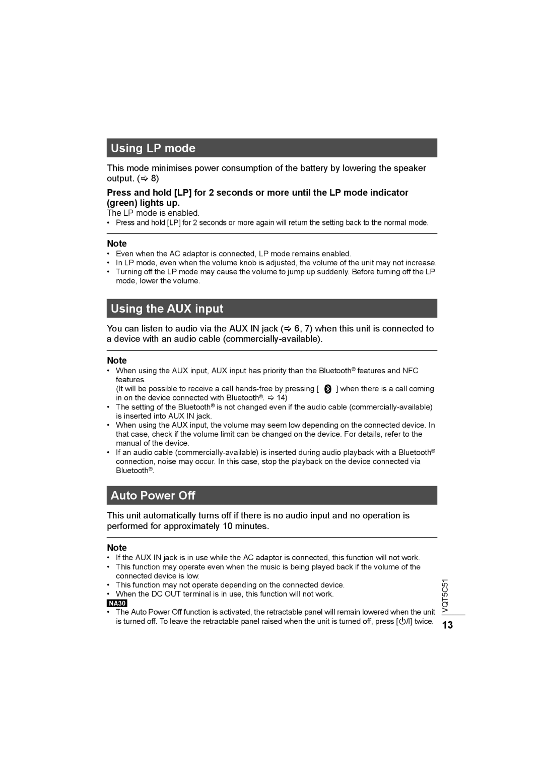 Panasonic SC-NA30/SC-NA10 manual Using LP mode, Using the AUX input, Auto Power Off, LP mode is enabled 