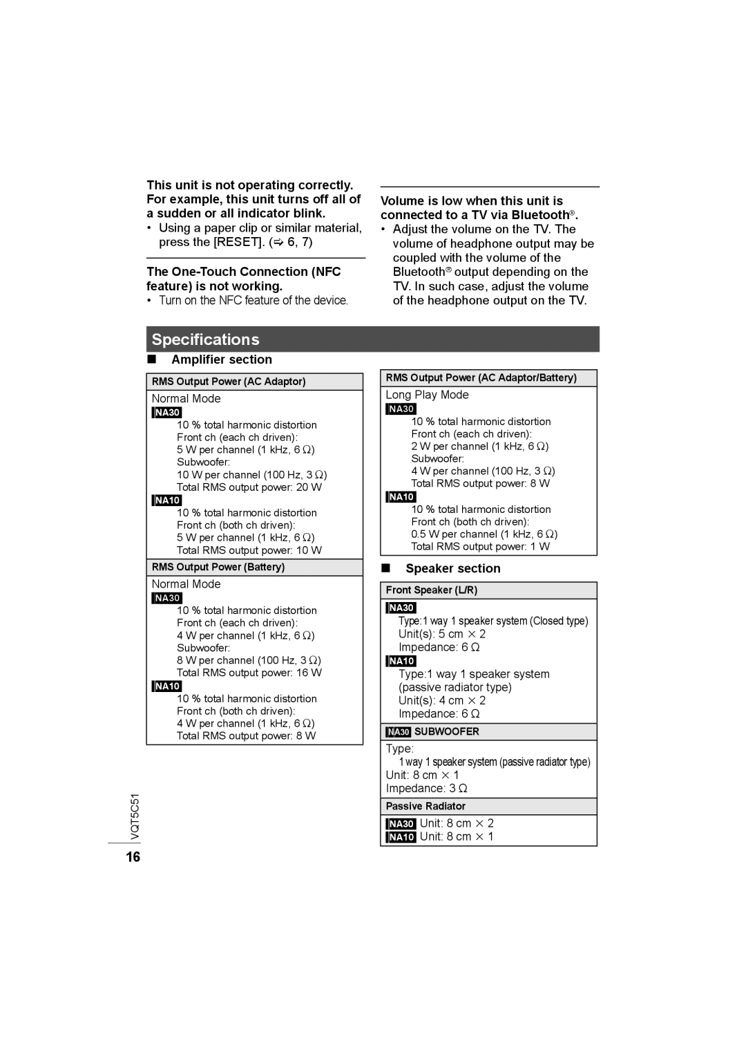 Panasonic SC-NA30/SC-NA10 manual Specifications, One-Touch Connection NFC feature is not working, Amplifier section 