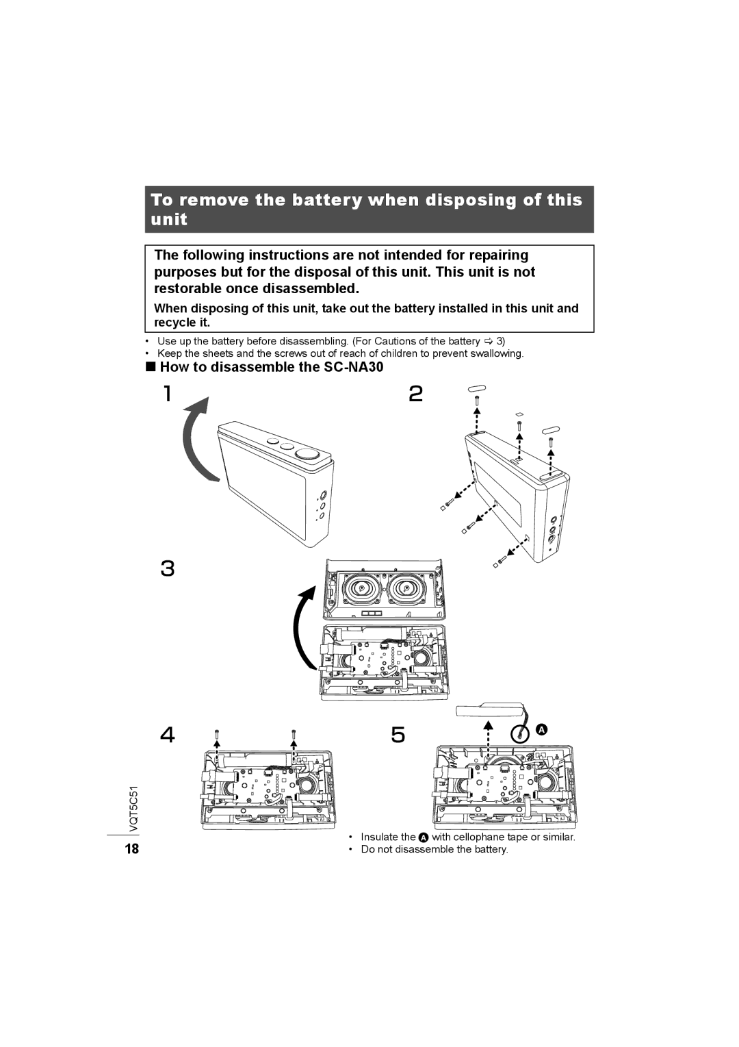 Panasonic SC-NA30/SC-NA10 manual To remove the battery when disposing of this unit, How to disassemble the SC-NA30 