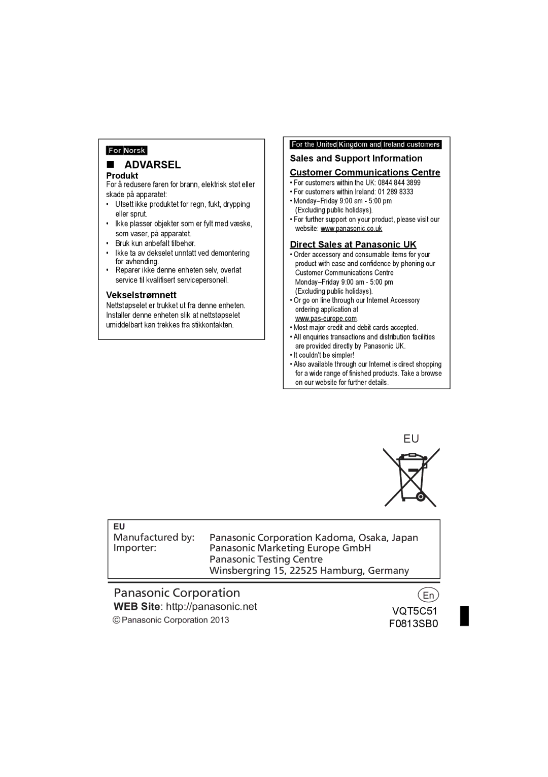 Panasonic SC-NA30/SC-NA10 manual ForNorsk Produkt, Vekselstrømnett, Direct Sales at Panasonic UK, Panasonic Corporation 