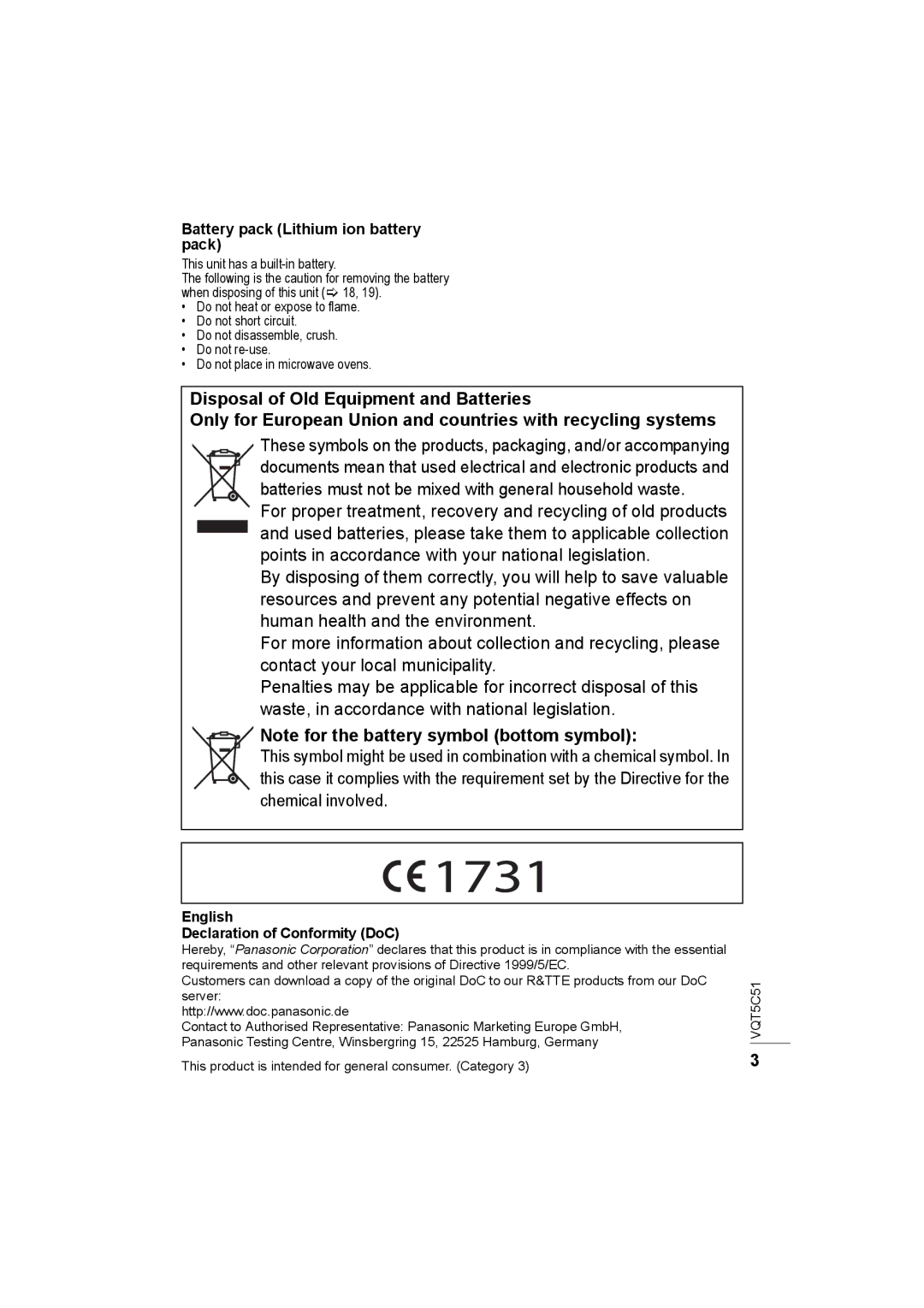 Panasonic SC-NA30/SC-NA10 manual Disposal of Old Equipment and Batteries, Battery pack Lithium ion battery pack 