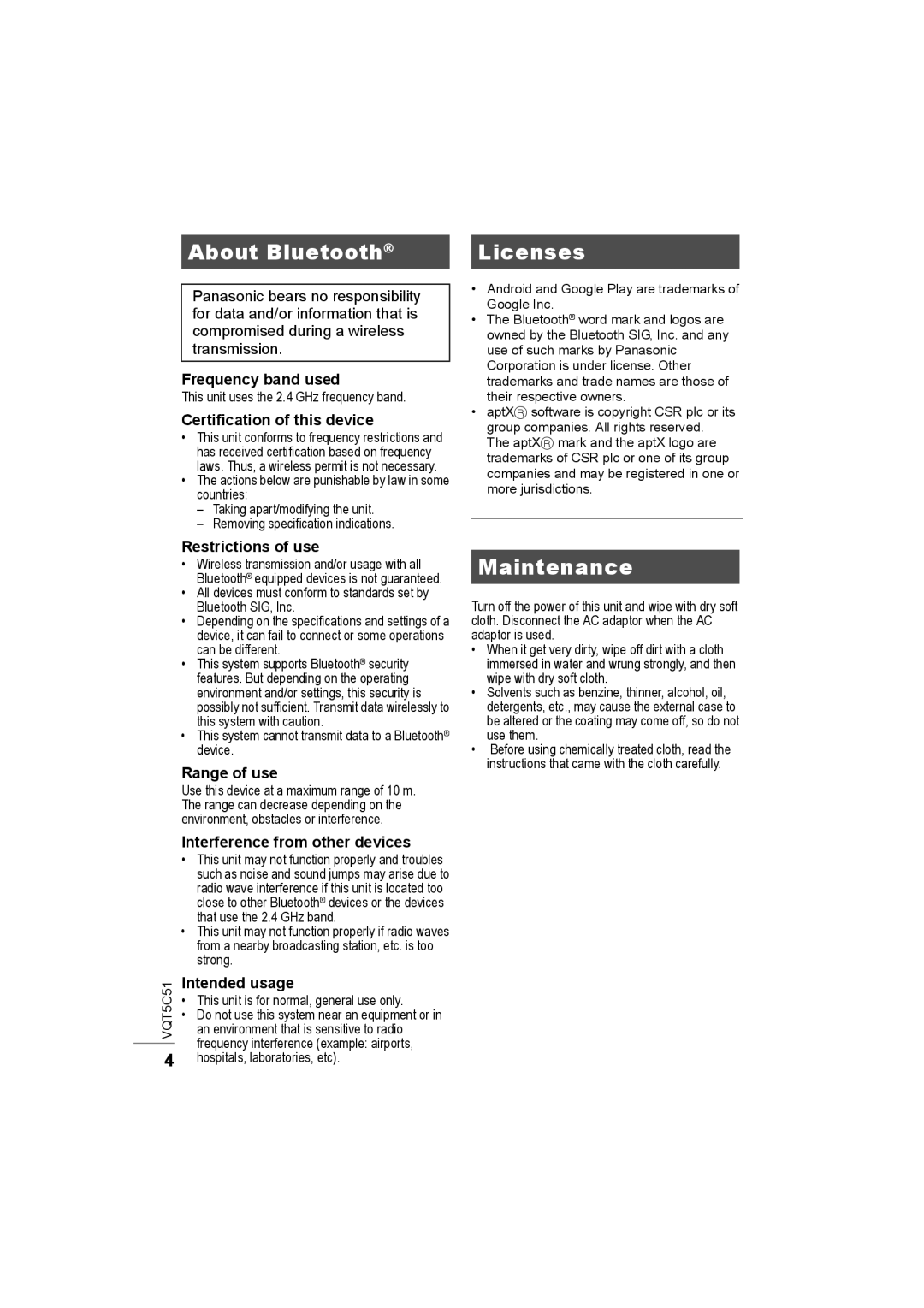 Panasonic SC-NA30/SC-NA10 manual About Bluetooth, Licenses, Maintenance 