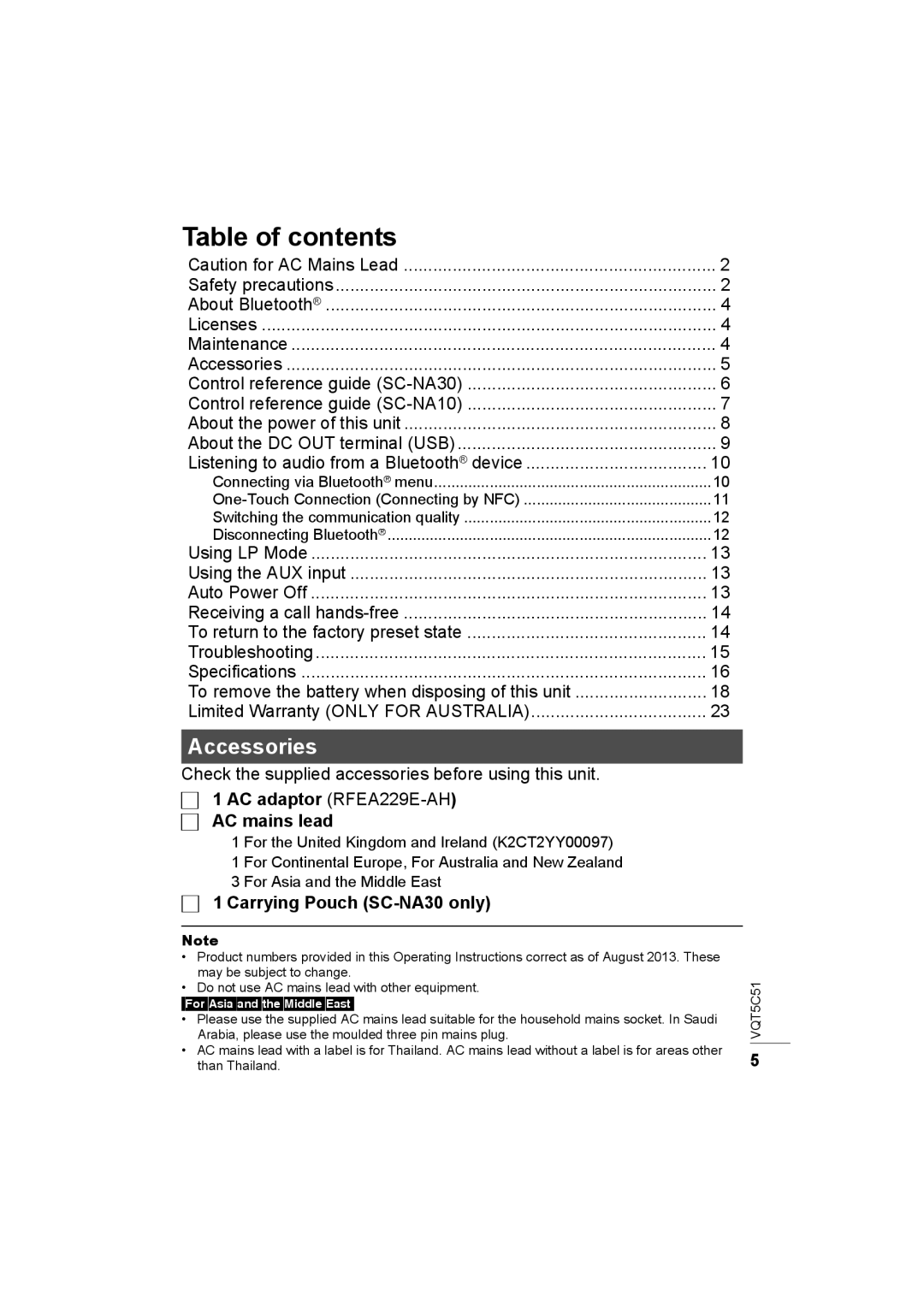 Panasonic SC-NA30/SC-NA10 manual Table of contents 