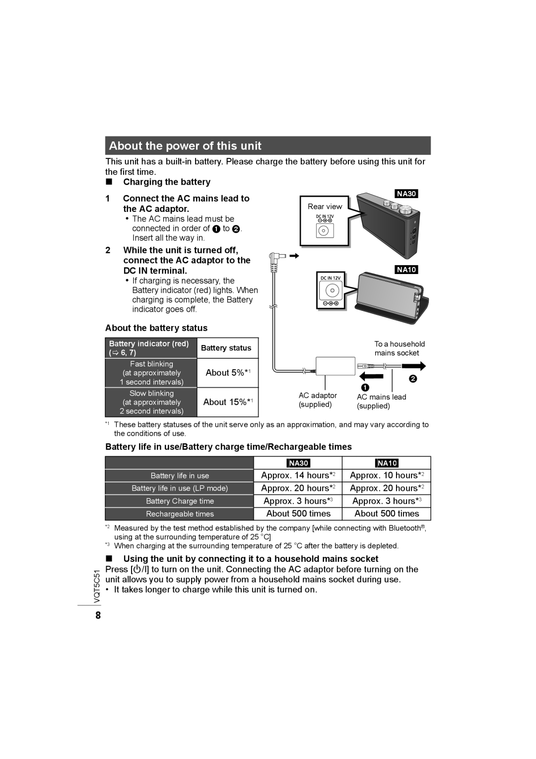 Panasonic SC-NA30/SC-NA10 manual About the power of this unit, About the battery status NA30 