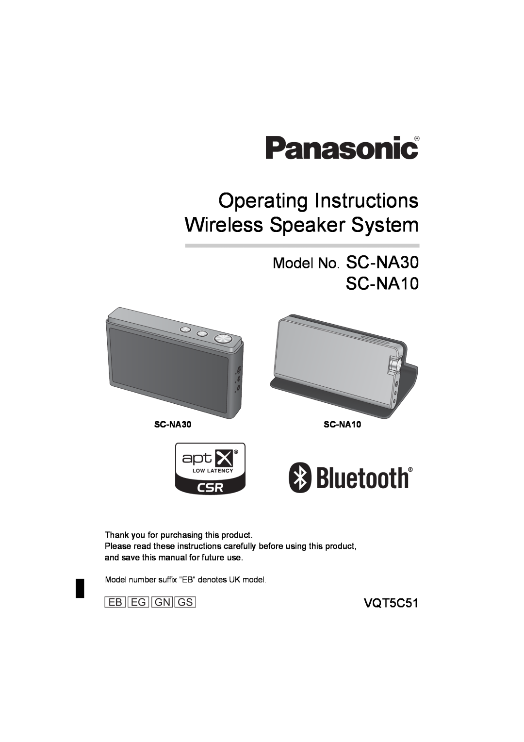Panasonic SC-NA30/SC-NA10 manual Operating Instructions Wireless Speaker System, Model No. SC-NA30, VQT5C51 