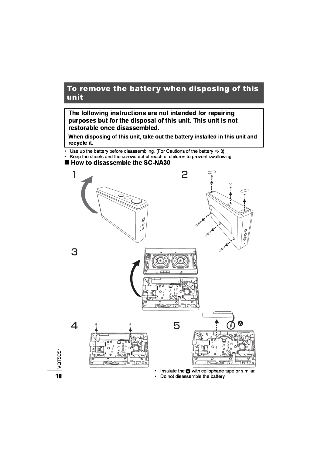 Panasonic SC-NA30/SC-NA10 manual To remove the battery when disposing of this unit, How to disassemble the SC-NA30 