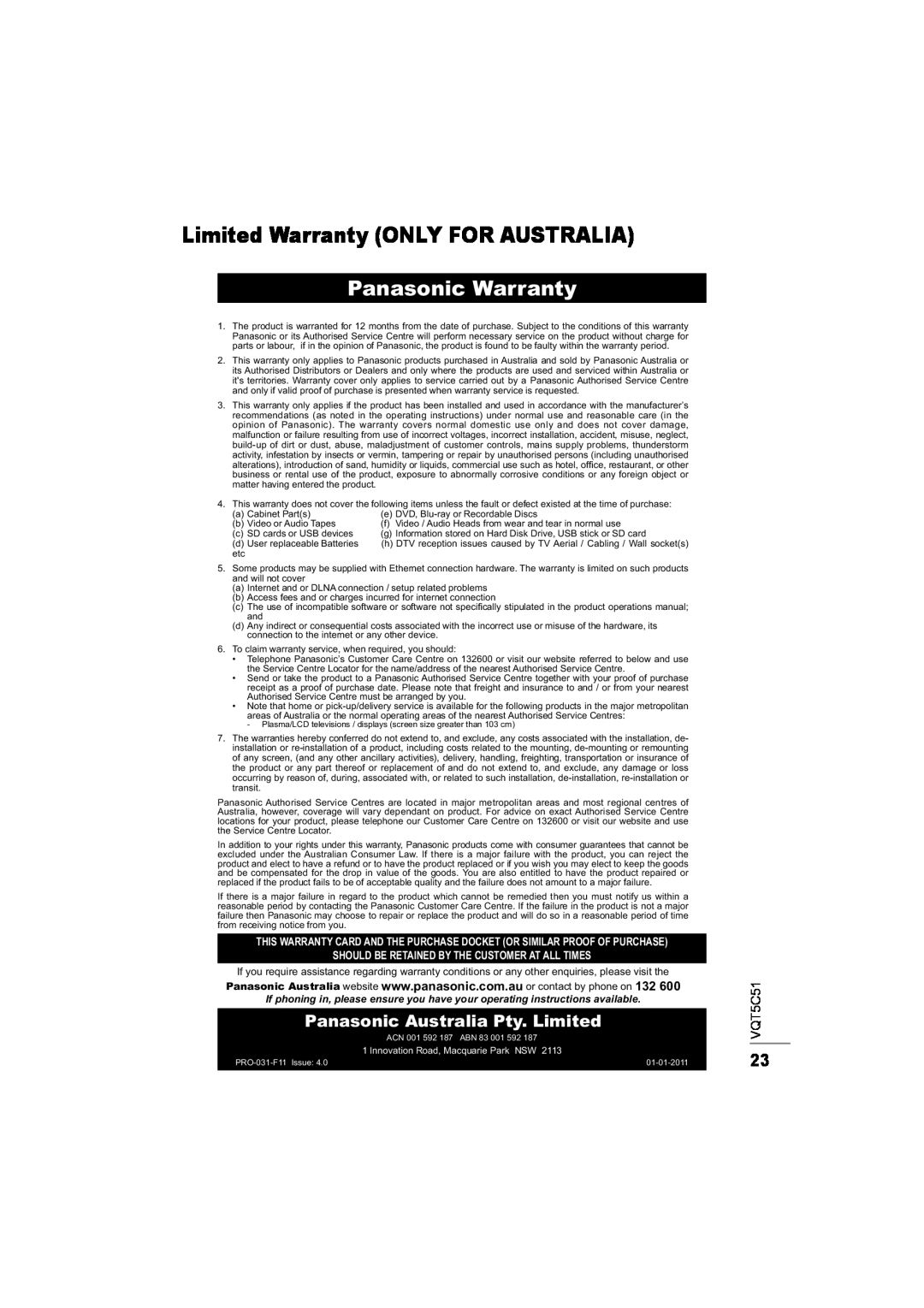 Panasonic SC-NA30/SC-NA10 manual Limited Warranty ONLY FOR AUSTRALIA, Panasonic Warranty, Panasonic Australia Pty. Limited 