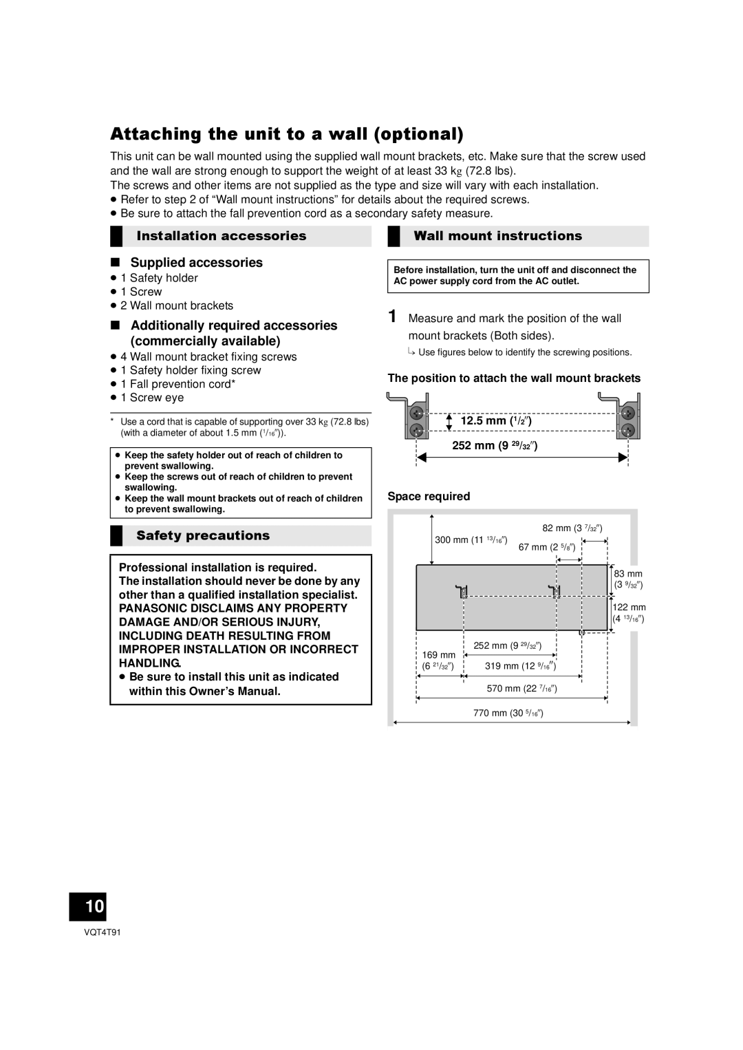 Panasonic SC-NE1 Attaching the unit to a wall optional, Installation accessories Supplied accessories, Safety precautions 