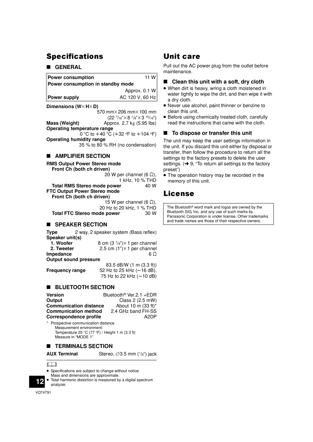 Panasonic SC-NE1 owner manual Specifications, Unit care, License, Clean this unit with a soft, dry cloth 