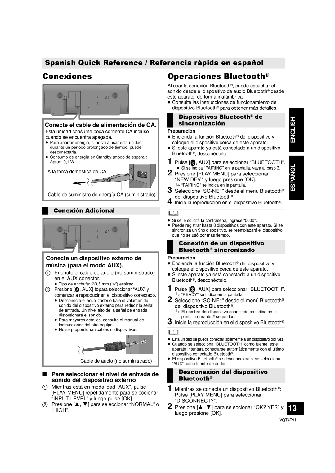 Panasonic SC-NE1 owner manual Conexiones, Conecte el cable de alimentación de CA, Dispositivos Bluetooth de sincronización 