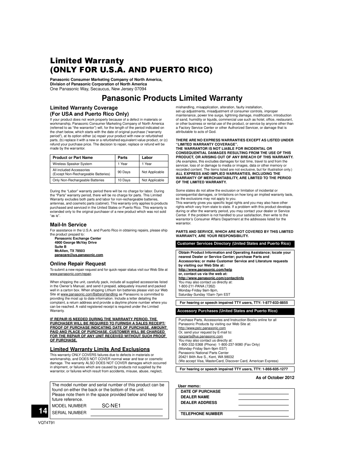 Panasonic SC-NE1 owner manual Panasonic Products Limited Warranty 