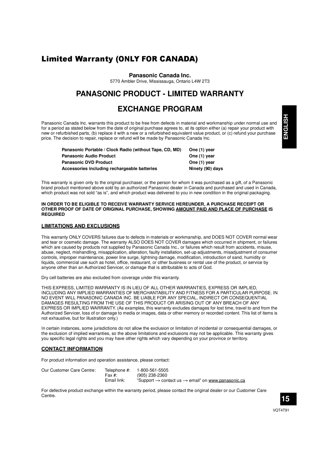 Panasonic SC-NE1 Limited Warranty only for Canada, Panasonic Canada Inc, Limitations and Exclusions, Contact Information 