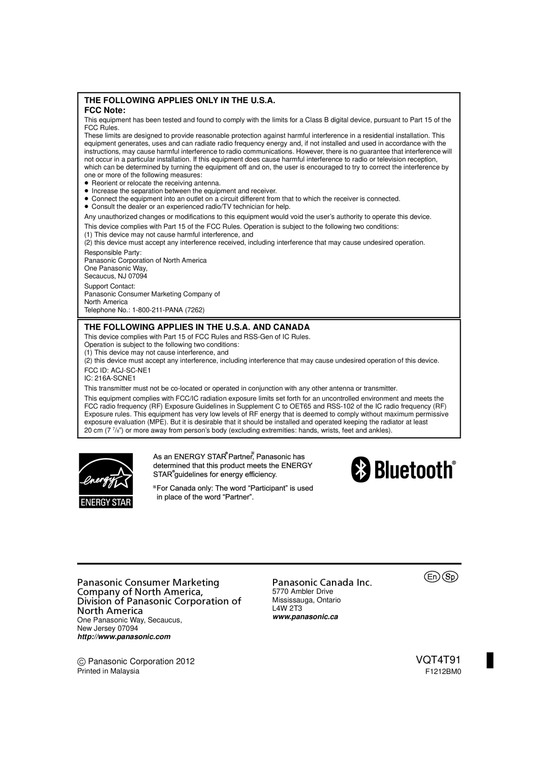 Panasonic SC-NE1 owner manual Following Applies only in the U.S.A, FCC Note, Following Applies in the U.S.A. and Canada 