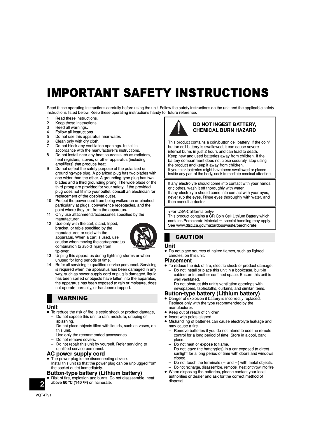 Panasonic SC-NE1 owner manual Unit, AC power supply cord, Button-type battery Lithium battery, Placement 