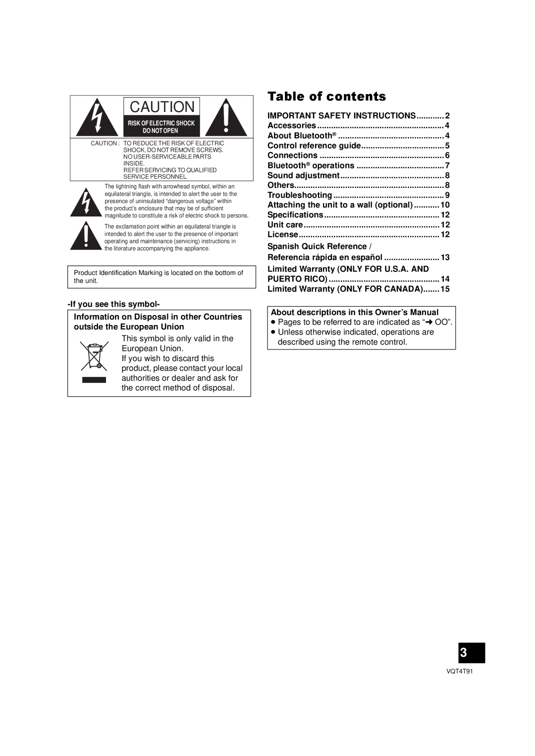 Panasonic SC-NE1 owner manual Table of contents 