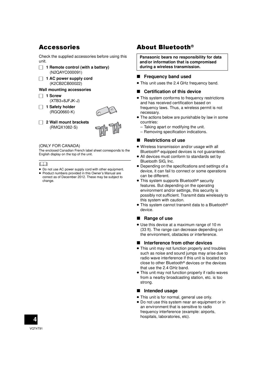 Panasonic SC-NE1 owner manual Accessories, About Bluetooth 