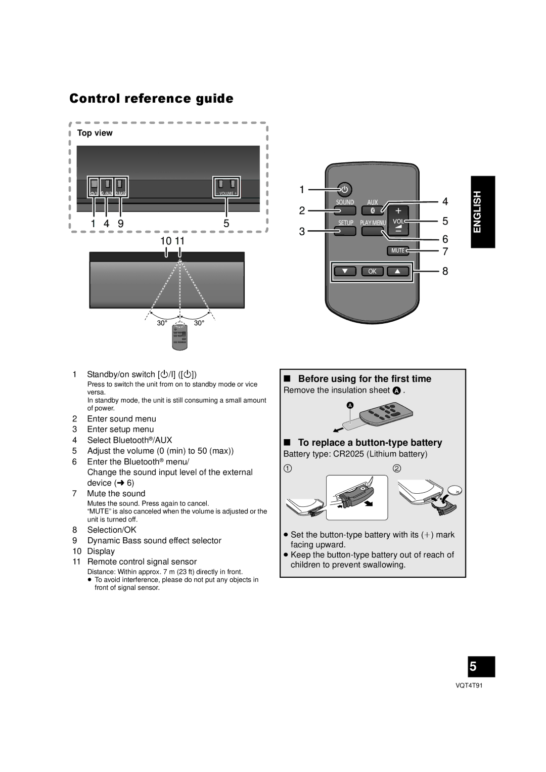 Panasonic SC-NE1 Control reference guide, Before using for the first time, To replace a button-type battery, Top view 