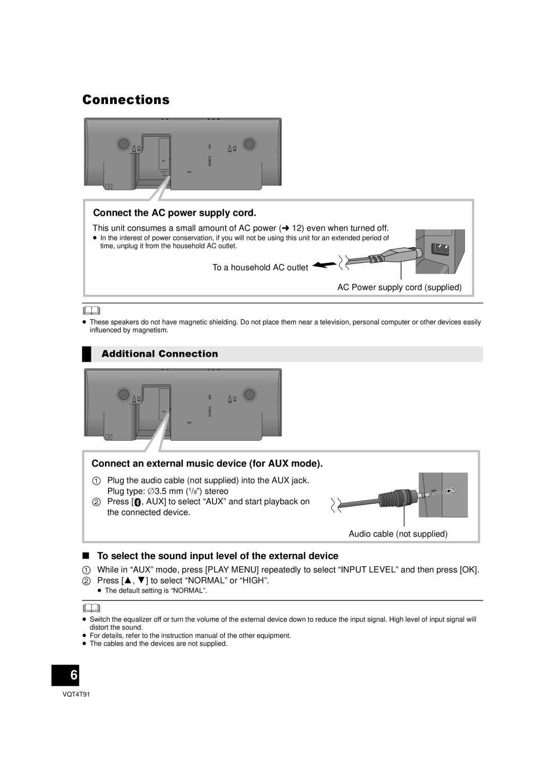 Panasonic SC-NE1 Connections, Connect the AC power supply cord, To select the sound input level of the external device 