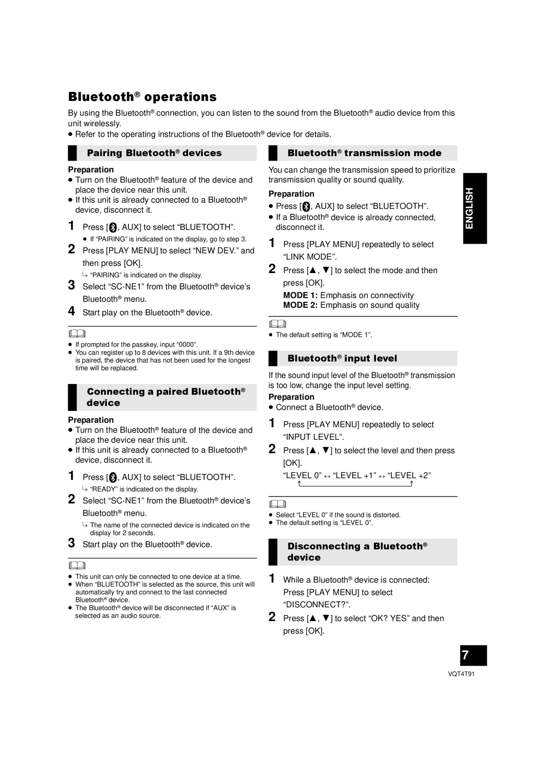 Panasonic SC-NE1 owner manual Bluetooth operations 