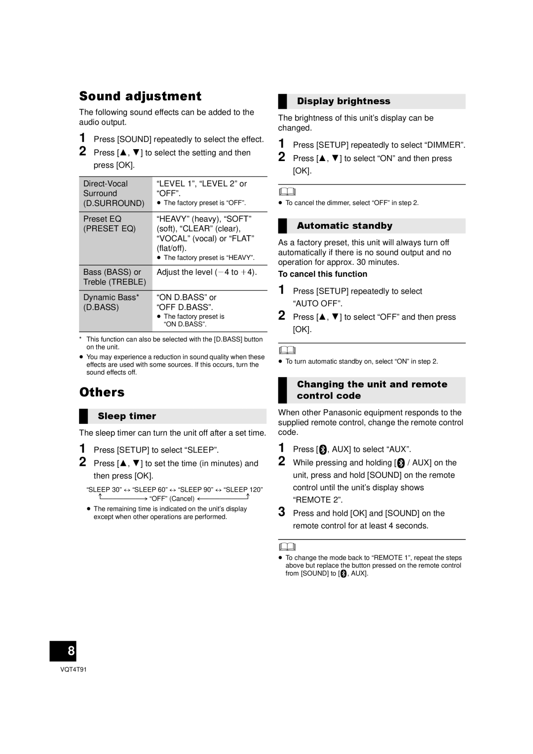 Panasonic SC-NE1 owner manual Sound adjustment, Others 