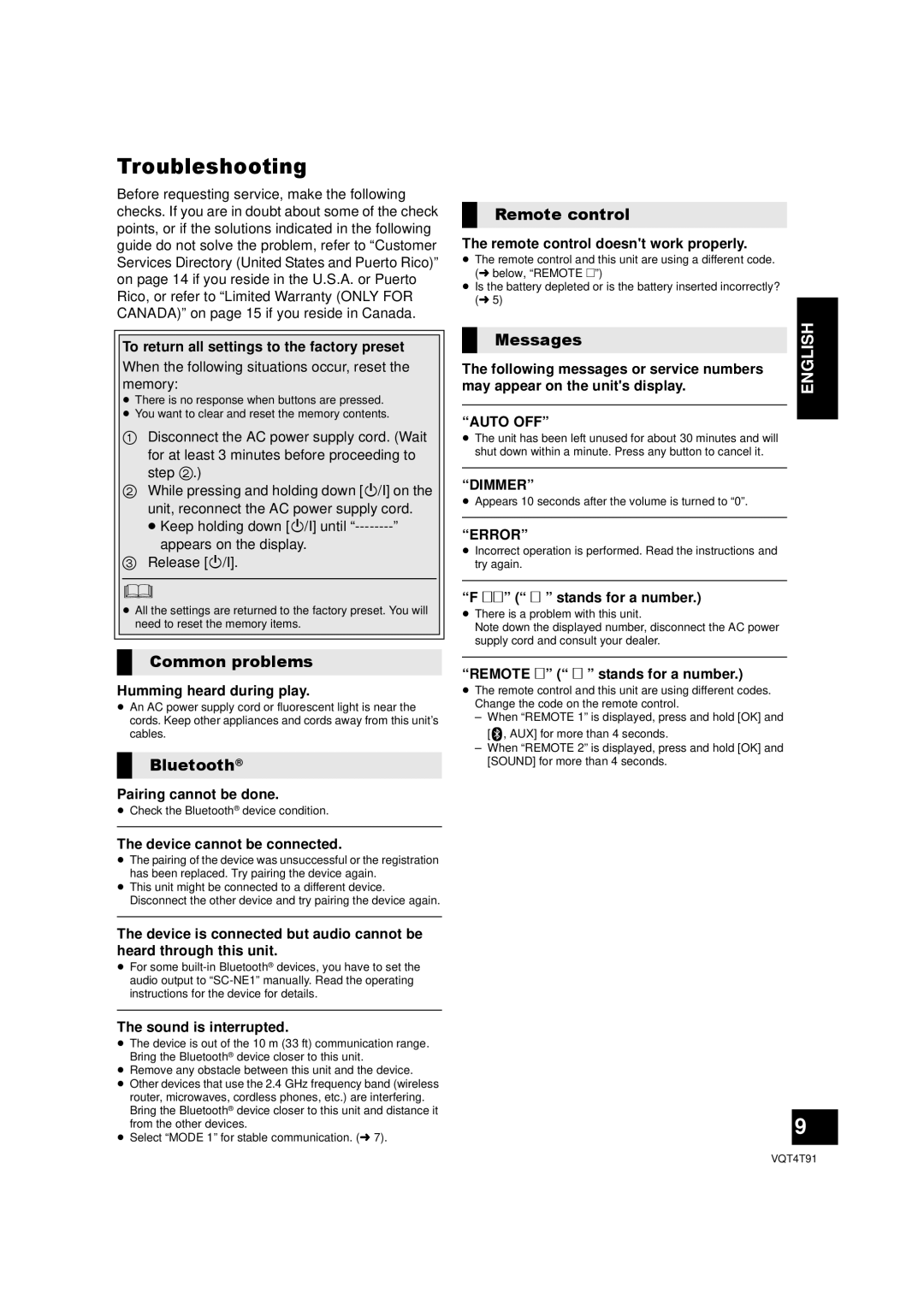 Panasonic SC-NE1 owner manual Troubleshooting, Common problems, Bluetooth, Remote control, Messages 