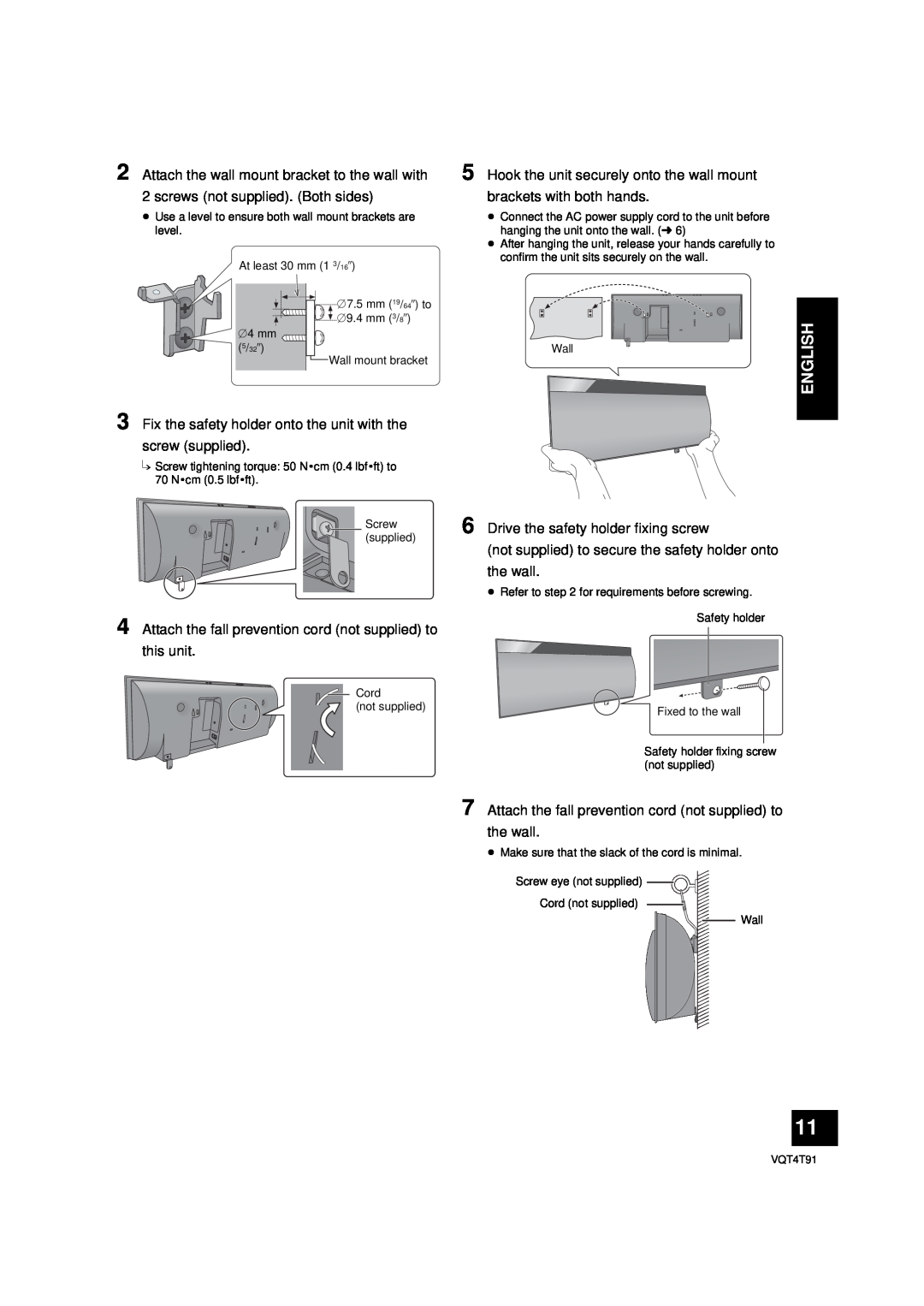Panasonic SC-NE1 owner manual English, Attach the wall mount bracket to the wall with 
