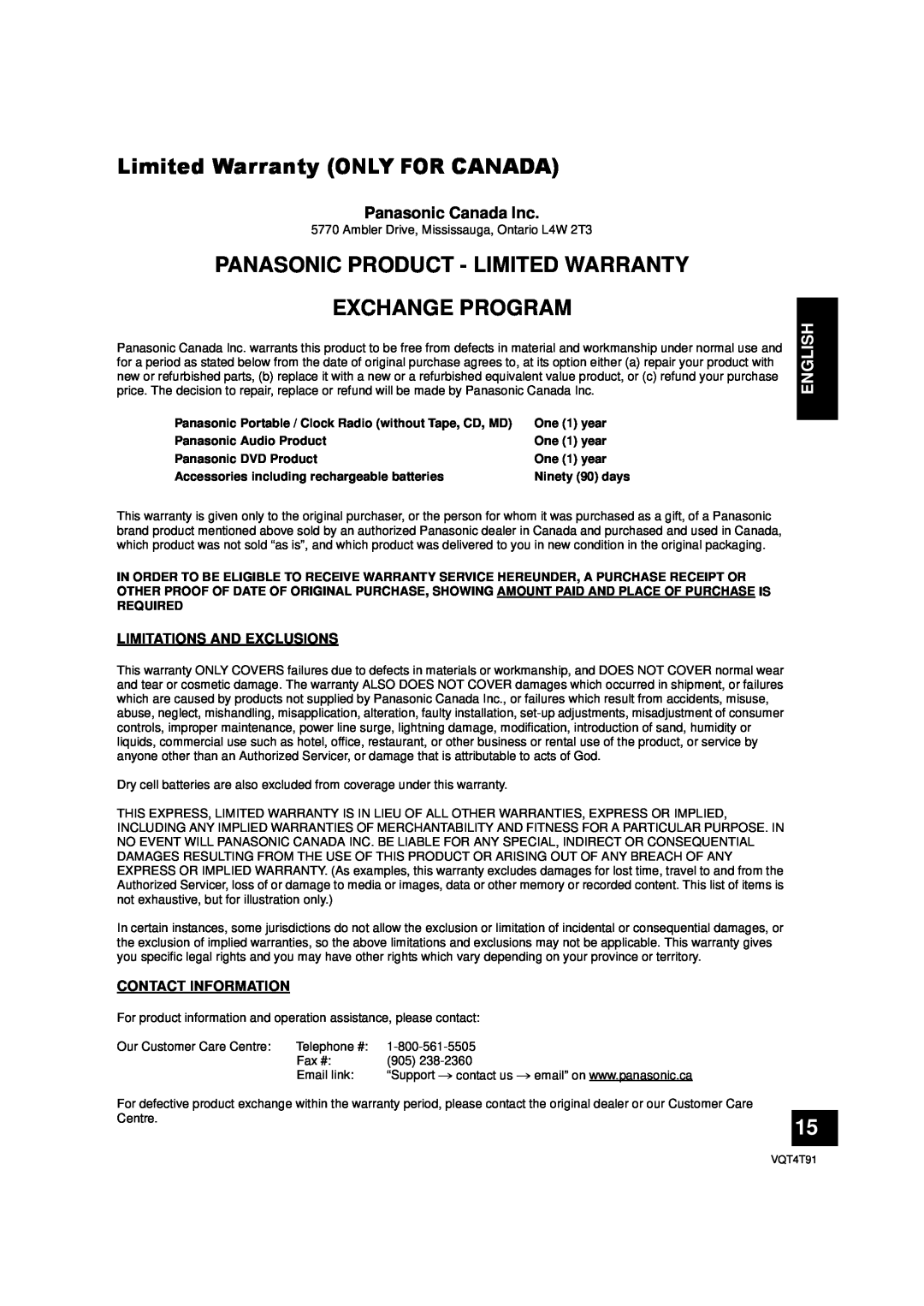 Panasonic SC-NE1 Limited Warranty ONLY FOR CANADA, Panasonic Product - Limited Warranty, Exchange Program, English 