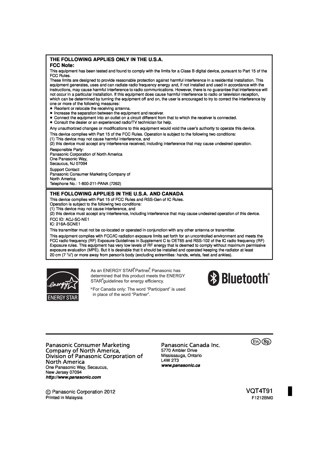 Panasonic SC-NE1 VQT4T91, THE FOLLOWING APPLIES ONLY IN THE U.S.A FCC Note, The Following Applies In The U.S.A. And Canada 