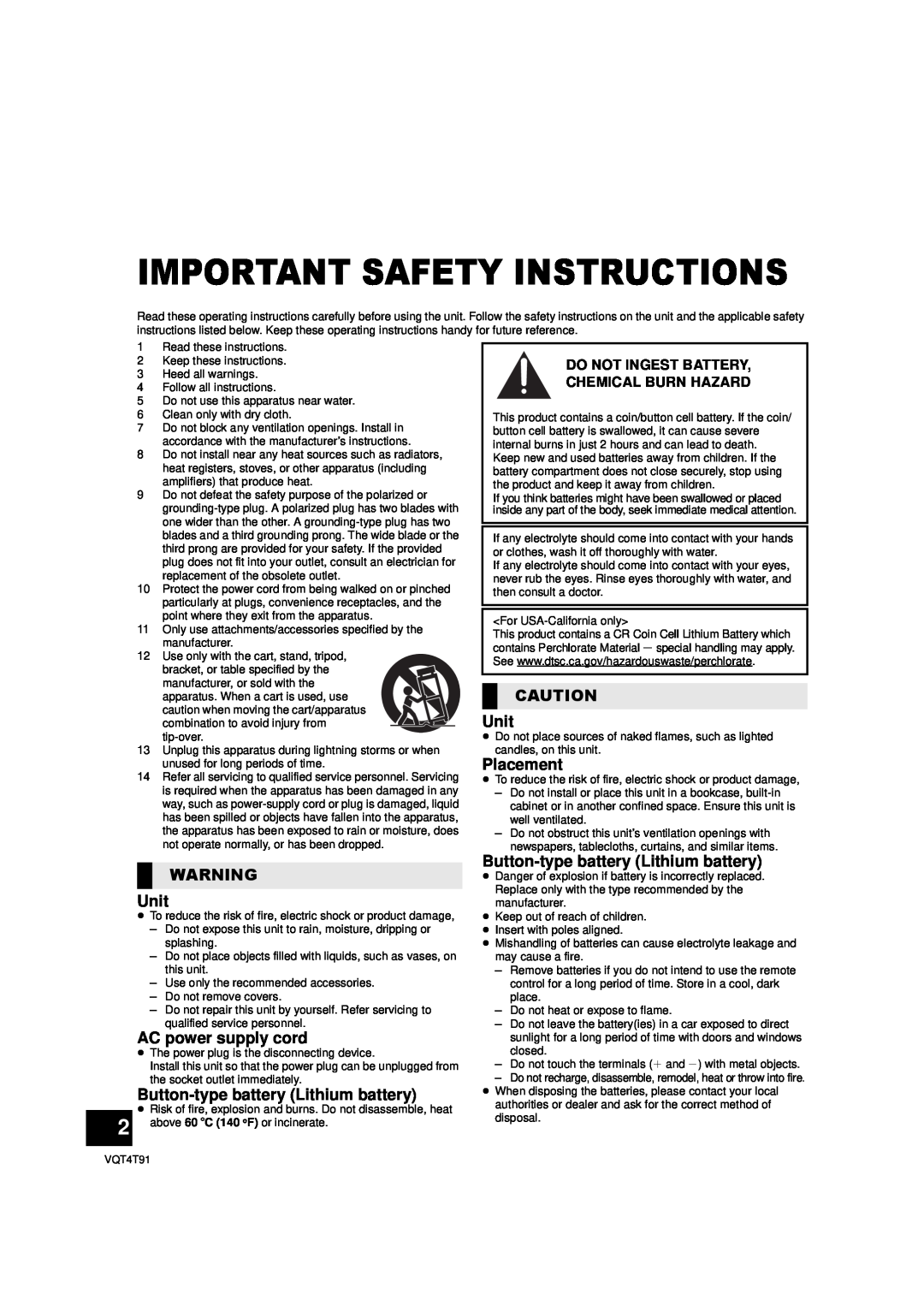 Panasonic SC-NE1 Unit, AC power supply cord, Button-typebattery Lithium battery, Placement, Important Safety Instructions 