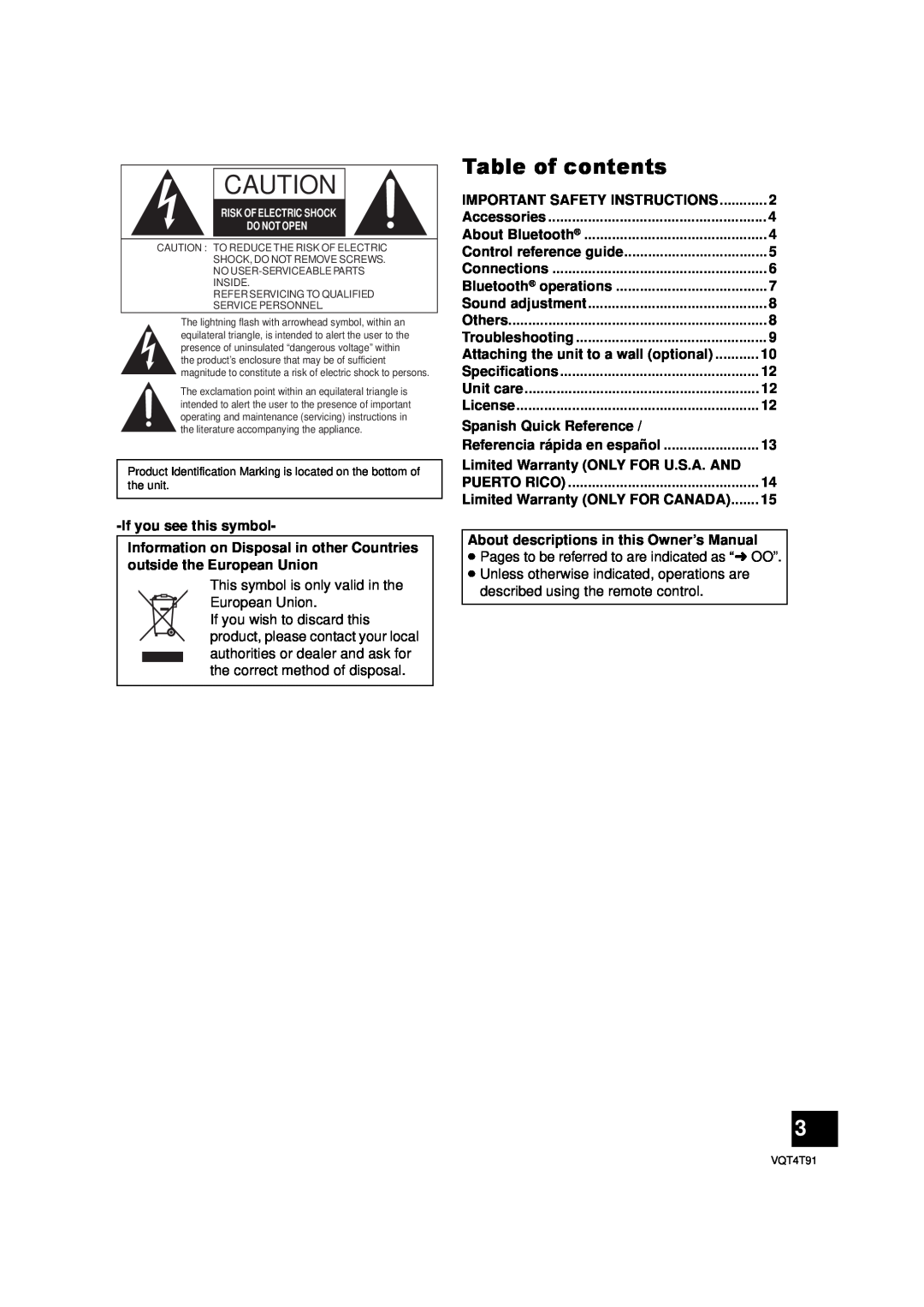 Panasonic SC-NE1 owner manual Table of contents 