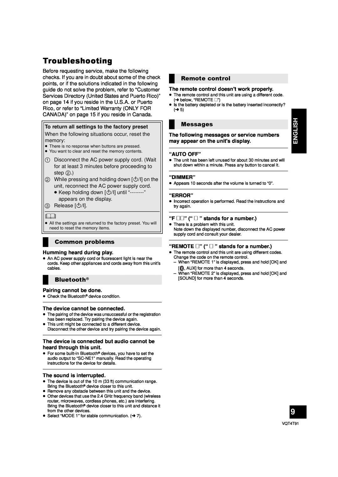 Panasonic SC-NE1 owner manual Troubleshooting, Common problems, Bluetooth, Remote control, Messages, English 