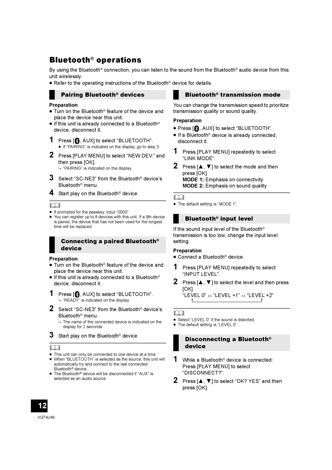 Panasonic SC-NE3 owner manual Bluetooth operations 