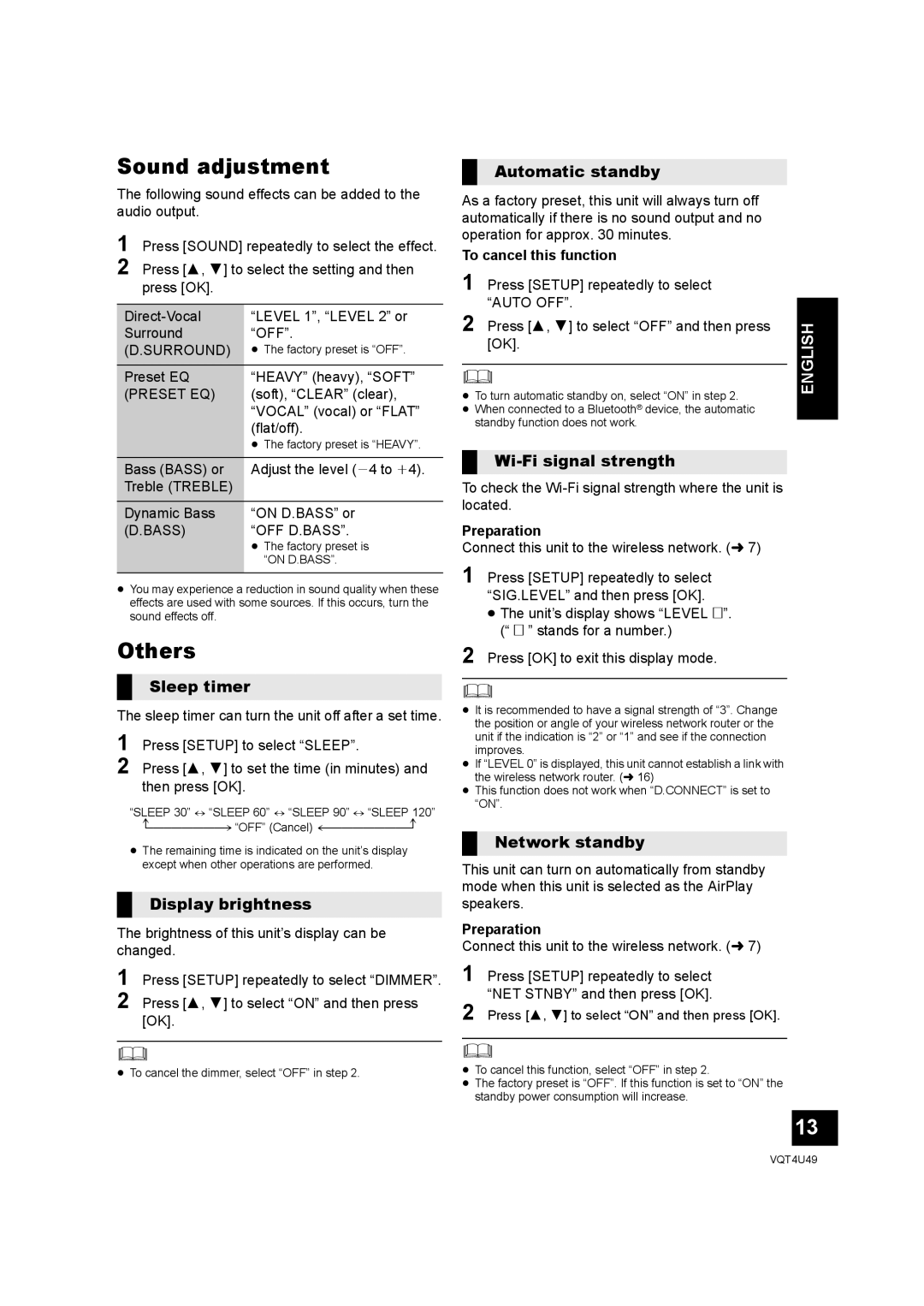 Panasonic SC-NE3 owner manual Sound adjustment, Others 