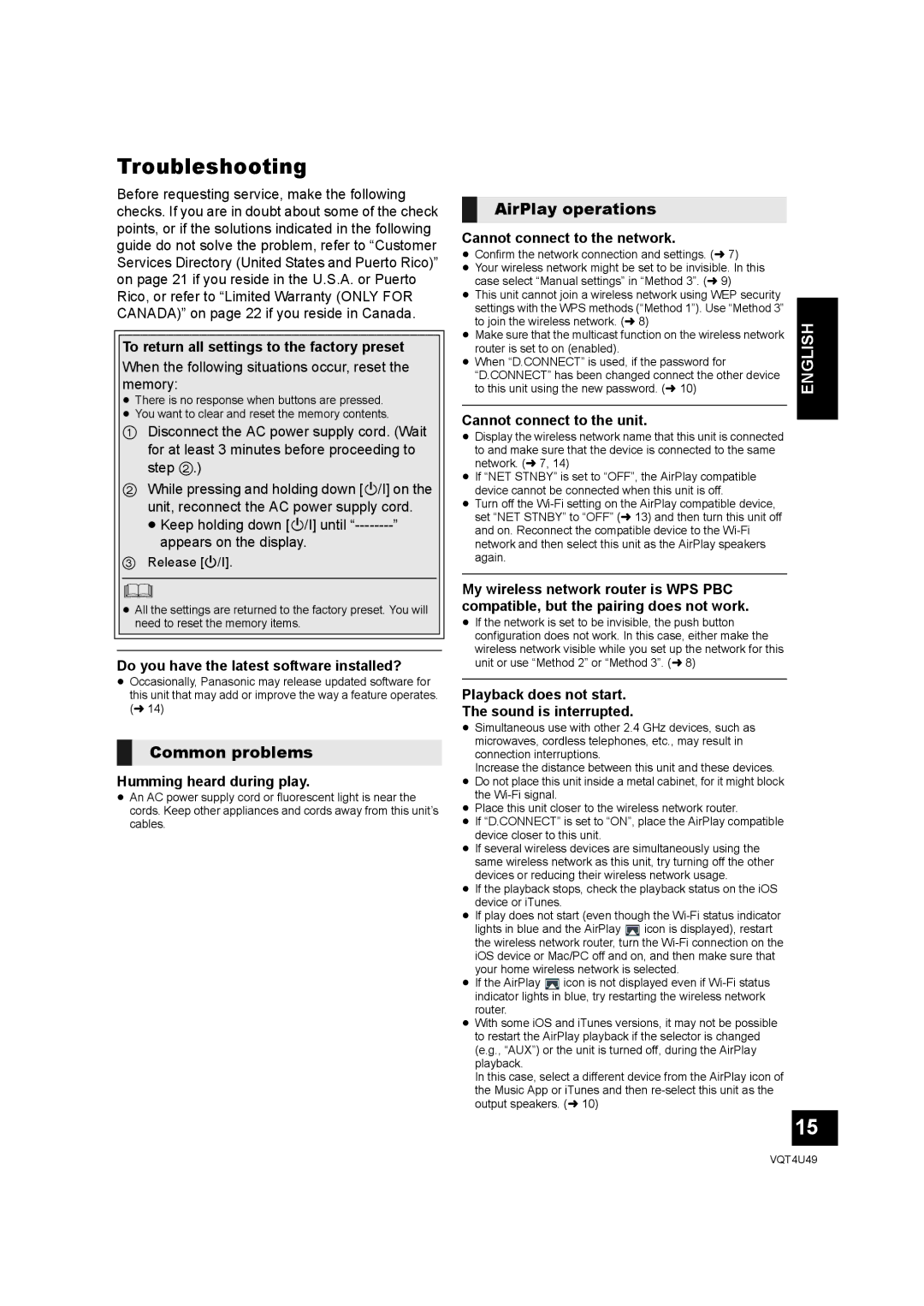 Panasonic SC-NE3 owner manual Troubleshooting, Common problems, AirPlay operations 