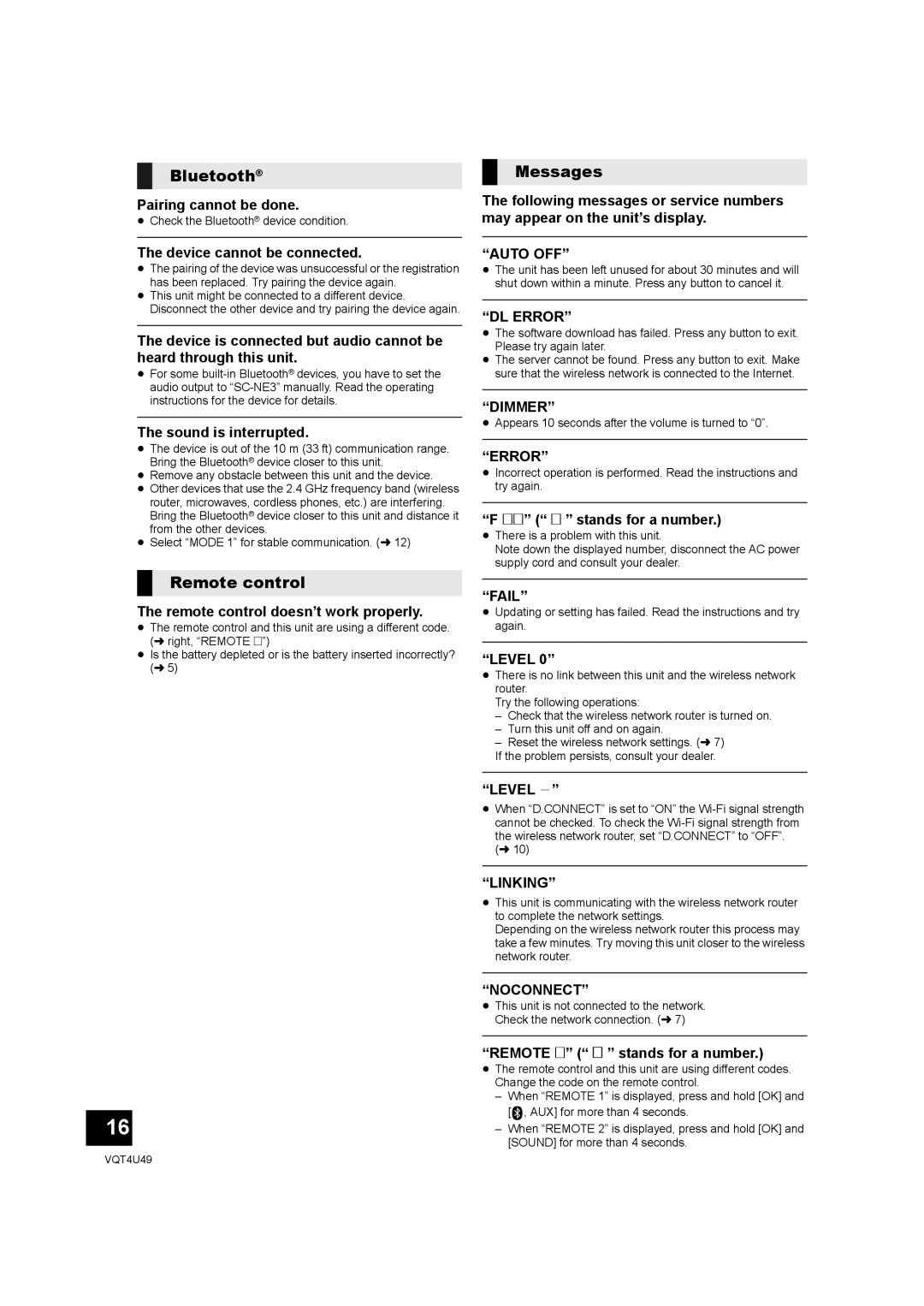 Panasonic SC-NE3 owner manual Bluetooth, Remote control, Messages 