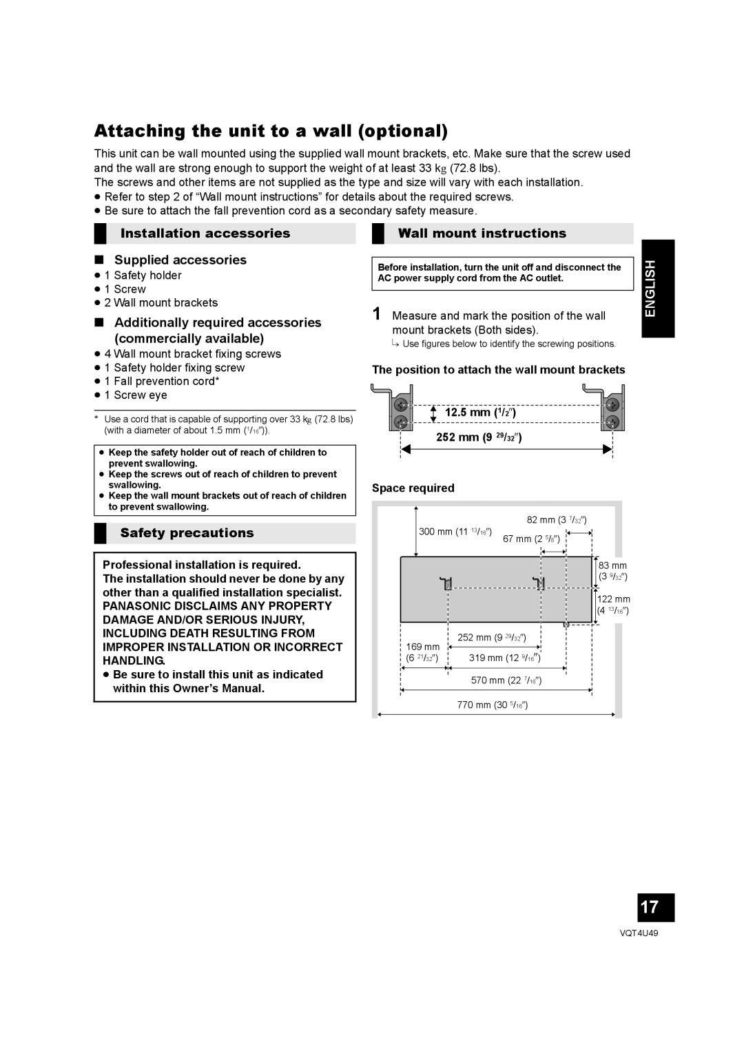 Panasonic SC-NE3 Attaching the unit to a wall optional, Installation accessories Supplied accessories, Safety precautions 